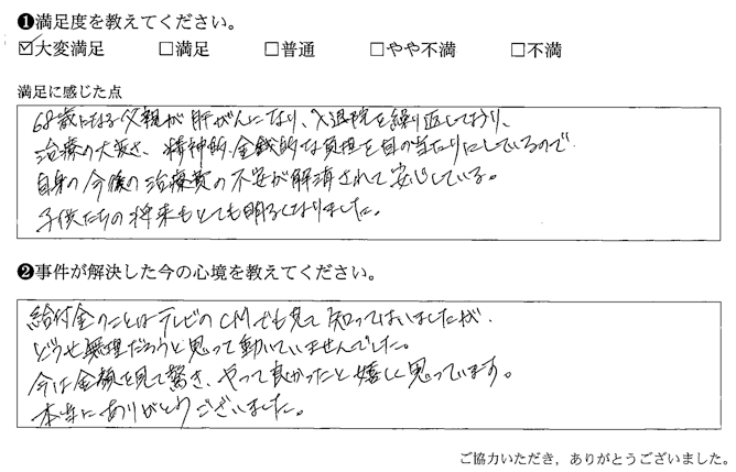 自身の今後の治療費の不安が解消されて安心している